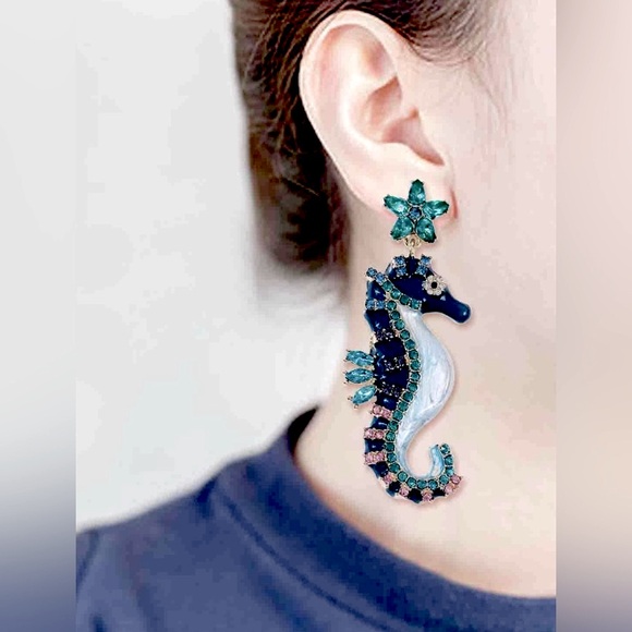 Jewelry - Blue Seahorse Rhinestone Statement Earrings Length 2.5”